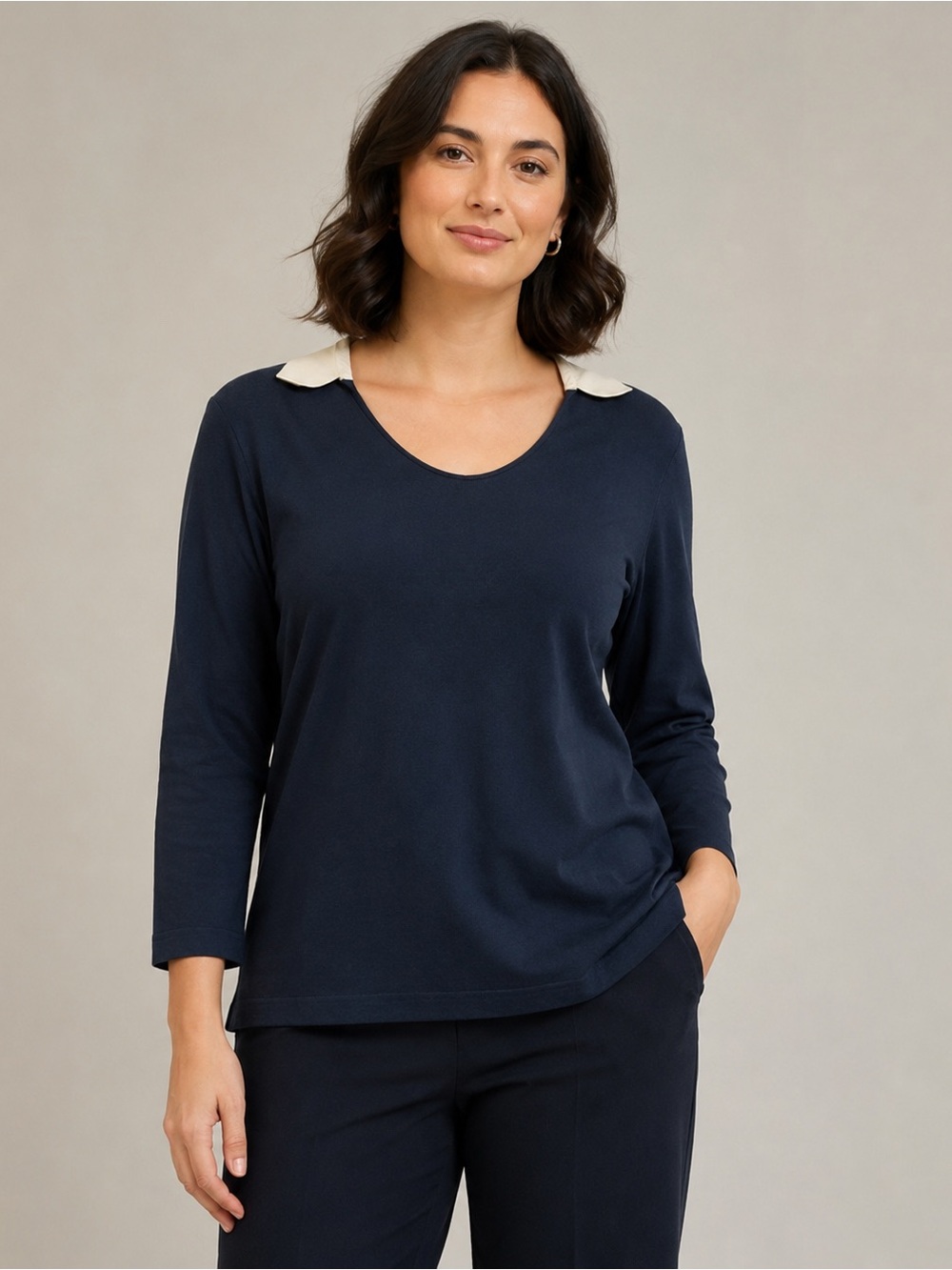 Akris Punto Navy Long Sleeve Top Removable Collar | Size 16
